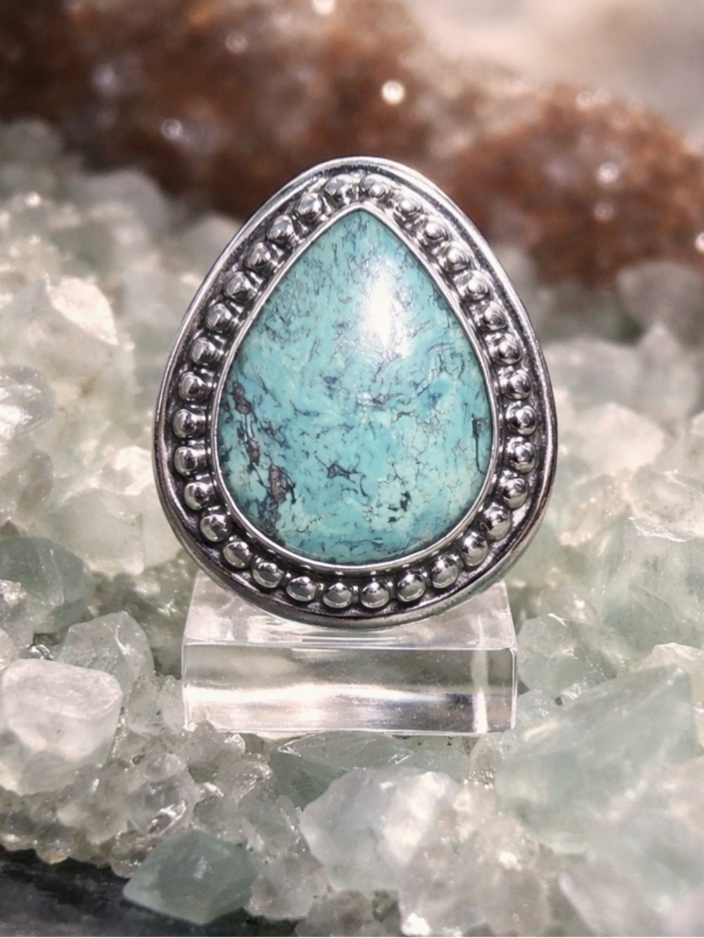 Hubei Turquoise Teardrop Ring with 925 Sterling Silver Beaded Bezel size 6 3/4